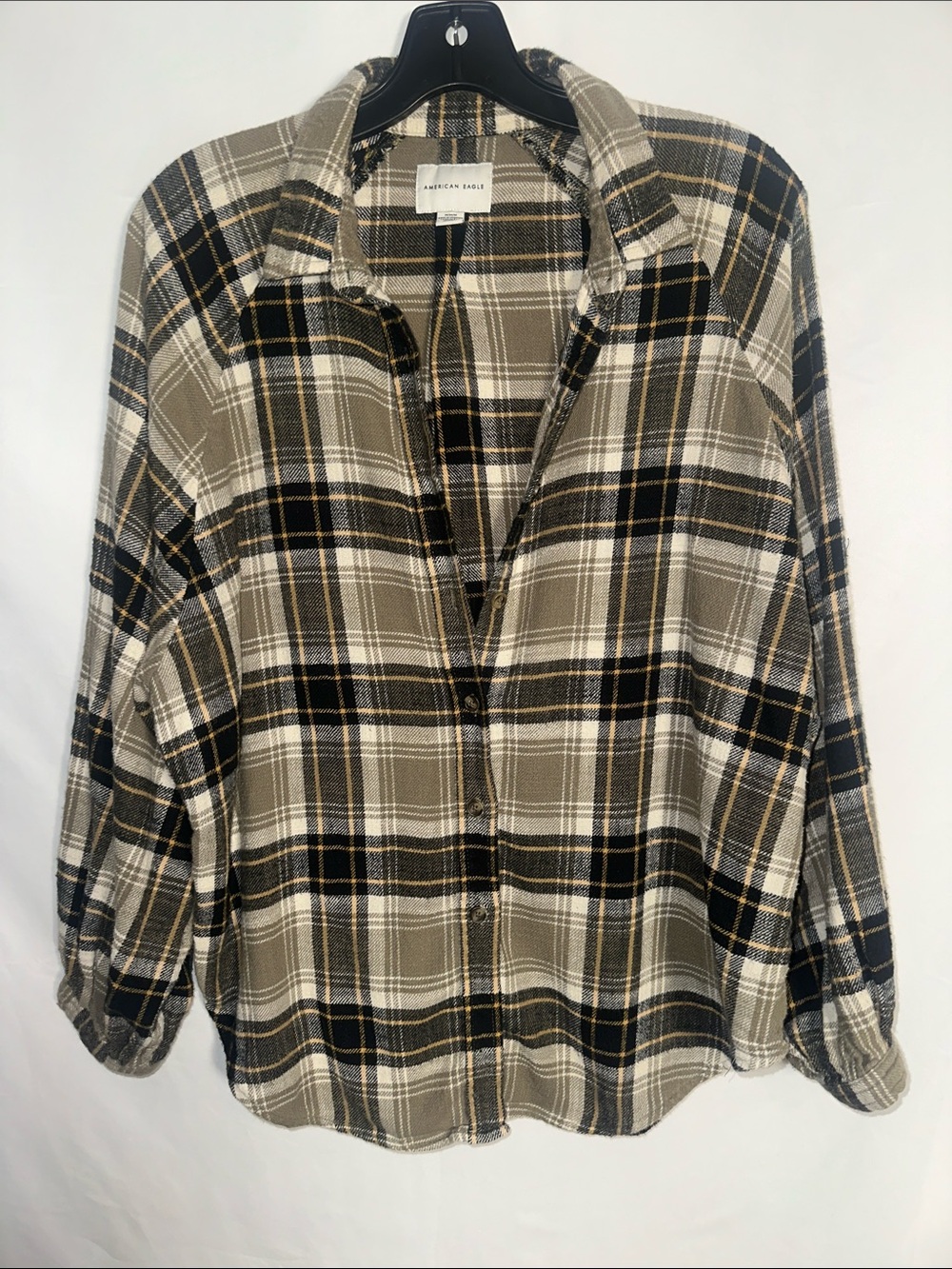 American Eagle Outfitters Olive and Black Plaid Button-Down Shirt
